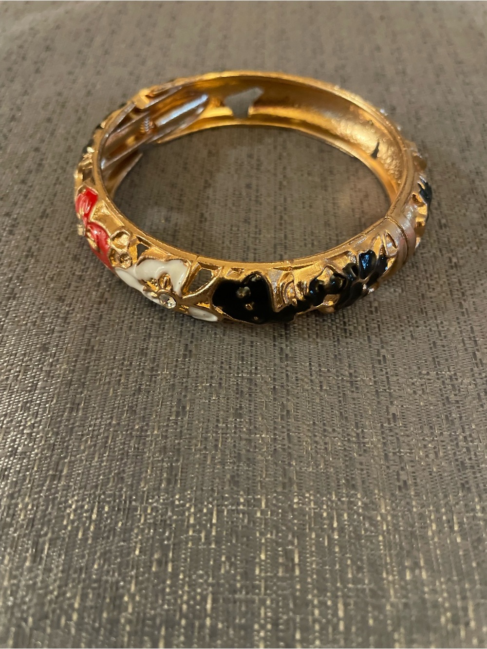 Gold Floral Enamel Hinged Bangle Bracelet - Blue, White & Red